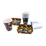 Kit Vasos Platos Y Cubiertos Negro Dorado Estrellas X 12 Un