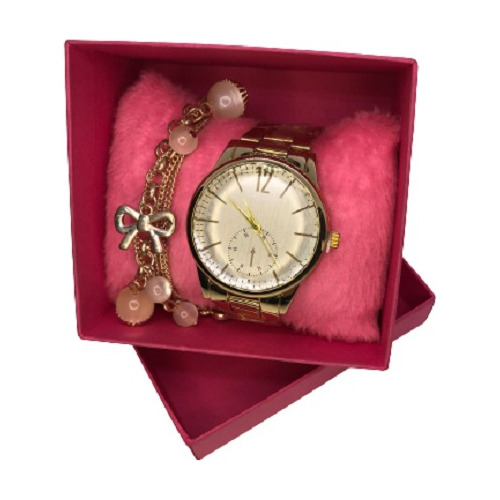 Relógio Feminino Sem Números Dourado + Caixa E Pulseira