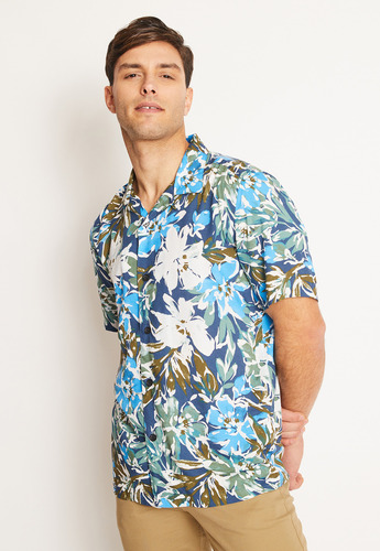 Camisa Hombre Manga Corta Estampada Azul Perry Ellis