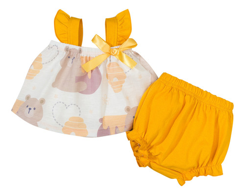 Conjunto De Camiseta Bow Bear Para Niñas, Pantalones Cortos