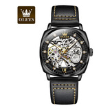Olevs Leather Hollow Out Reloj Mecánico Para Hombre Color Del Bisel Negro