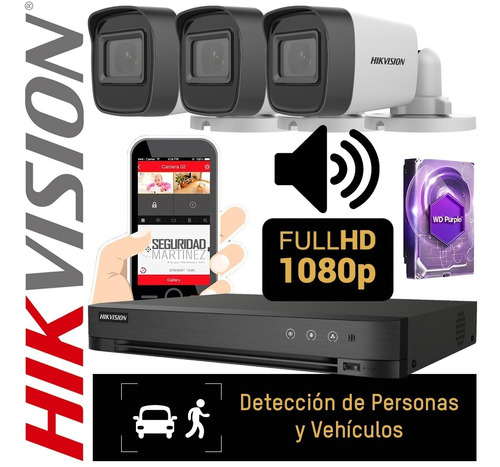 Kit Seguridad Dvr Hikvision Full Hd 3 Camaras 1tb C/audio