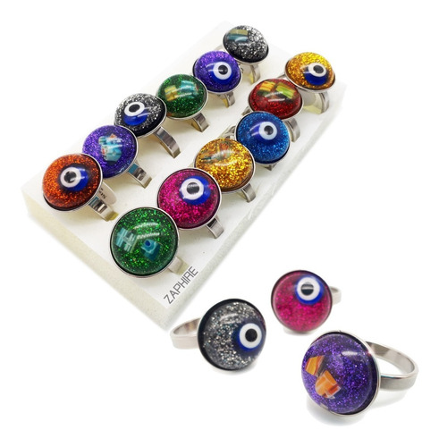 12 Anillos Piedra Resina Brillo Ojos Acero Quirurgico Xmayor