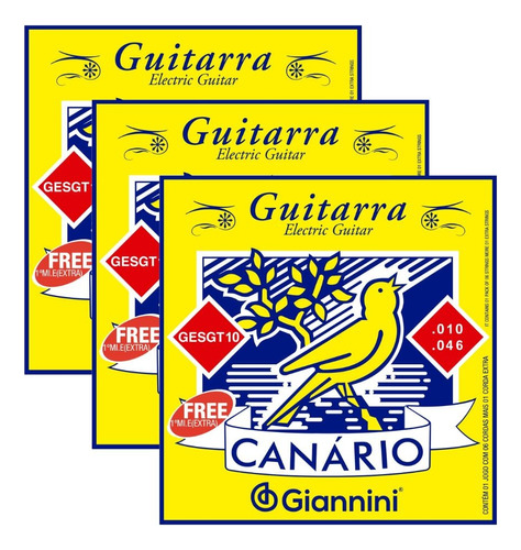 Kit 3 Encordoamento Canário Para Guitarra 010 Gesgt10
