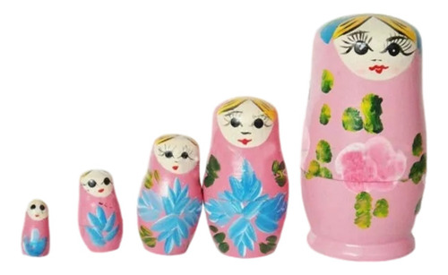 Boneca Madeira Matryoshka 10,5 Cm Russa Rosa 5 Peças 