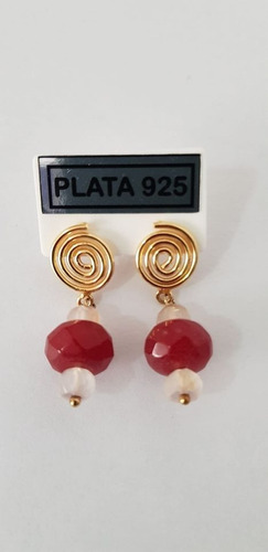 Aros Jade Rojo Y Cuarzo Rosa Sextavados Espiral En Plata 925