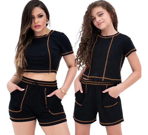 Conjunto Mae Tal Filha Short Bolso Blusa Manga Curta Combina