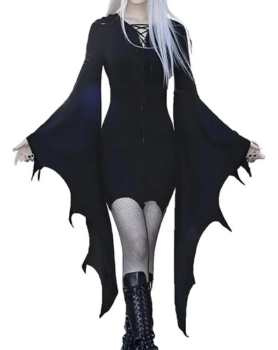 Vestido Gótico De Vampiresa Para Halloween Con Manga Larga Y Amplia, Ajustado Tipo Bruja Para Mujer Bruja Sexy Cosplay Adulto Fiesta Disfraces
