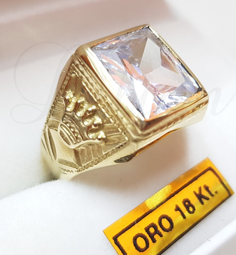 Anillo Sello Hombre Oro 18k Piedra Coronas Cubic Rojo Azul