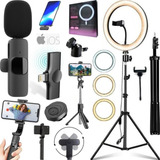 Kit Filmagem Ring Light Microfone S/ Fio iPhone Bastão Vídeo