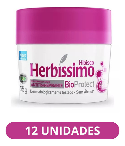 Kit C/12 Desodorante Creme Herbissimo Bioprotect Hibisco 55g