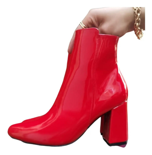 Botin Mujer Puntal Charol Tacón Ancho