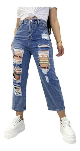 Pantalon Mom Jeans De Mujer Destroyed Rigido Hq8028