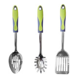 Set X 3 Utensilios Acero Inoxidable Mango Silicona Verde