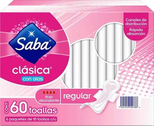 Toallas Femeninas Saba® Clásica, Regular Con Alas 60 Pz