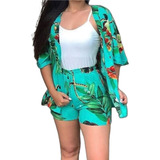 Kit 3 Conjunto Kimono Shorts Moda Verão Praia Estampas Sort