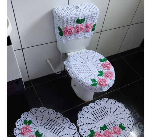 Jogo De Banheiro Em Crochê Floral 5 Peças