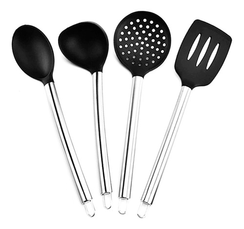 Kit Utensilios Cozinha Colheres Espatula Preta De Silicone 