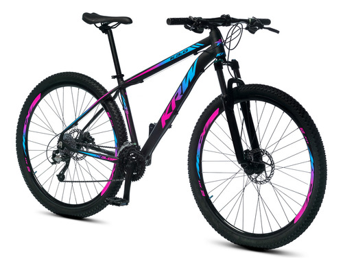 Bicicleta Aro 29 Krw Alumínio 24 Vel Freio A Disco Suspensão Dianteira X42 Cor Preto/rosa E Azul Tamanho Do Quadro 17