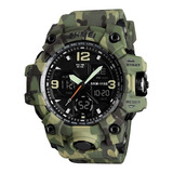 Reloj De Pulsera Skmei 1155 De Cuerpo Color Camuflado Verde, Analógico-digital, Para Hombre, Fondo Negro, Con Correa De Poliuretano Color Camuflado Verde, Agujas Color Verde Y Naranja Y Blanco, Dial A