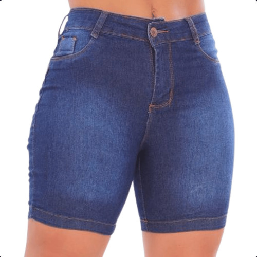 Short Jeans Feminino Cintura Alta Com Lycra Meia Coxa Promoç
