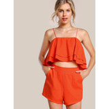 Conjunto Naranja Top Vuelos Short Shein