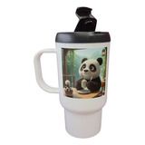 Jarro Termico Panda Contento Con Taza De Cafe Desayuno