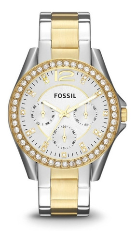 Reloj Pulsera Fossil Es2811 Riley Riley De Cuerpo Color Plata, Analógico, Para Mujer, Fondo Plata, Con Correa De Acero Inoxidable Color Plata Y Oro, Agujas Color Blanco Y Oro, Dial Oro, Subesferas Col