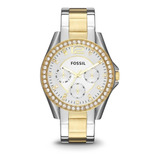 Reloj Pulsera Fossil Riley Riley De Cuerpo Color Plata, Analógico, Para Mujer, Fondo Plata, Con Correa De Acero Inoxidable Color Plata Y Oro, Agujas Color Blanco Y Oro, Dial Oro, Subesferas Color Plat