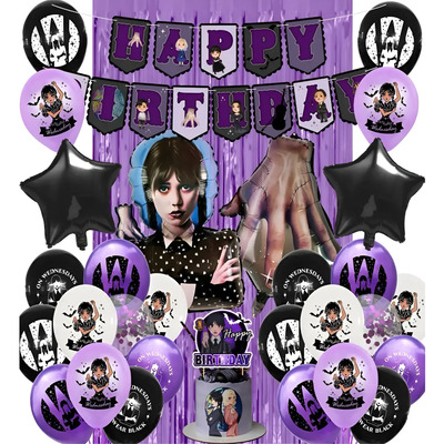 Globos Cumpleaños Decoración Kit De Fiesta Alusivo Wednesday Morado - Negro