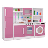Mini Cozinha Infantil Completa Com Lavanderia Rosa Em Mdf