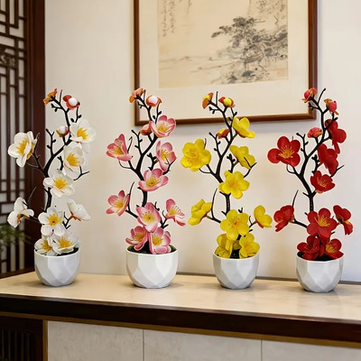 Juego De 4 Plantas Artificiales En Maceta Con Flor De Ciruel Multicolored