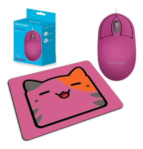 Kit Mouse Usb Com Fio Multilaser + Mouse Pad Standard Rosa