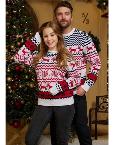 Suéter Confortável Com Decote Em Bico Para Casais De Natal