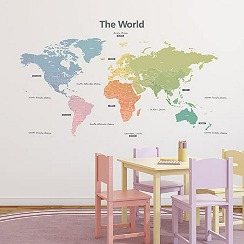 Adhesivo De Mapa Mundial Pastel Para Paredes Infantiles