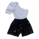 Roupa Feminina Infantil Conjunto De Brilho Blusa Short Paetê