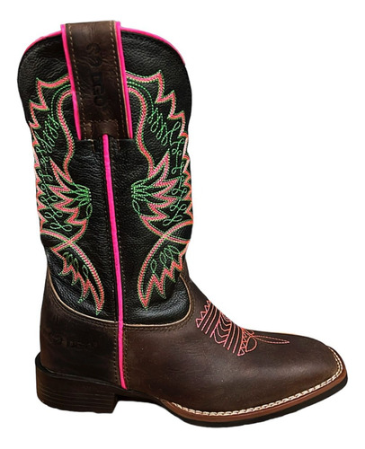 Bota Texana Feminina Couro Legitimo Bordados Rosa Verde