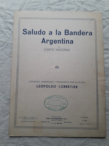 Partitura Saludo A La Bandera Argentina Canto Nac Corretjer