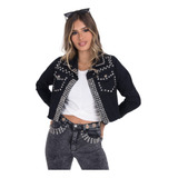 Campera De Jean Mom De Mujer Calce Holgado Tachas Rígida