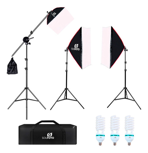 Kit P/ Youtubers C/ 3 Softbox, Tripé, Girafa E Lâmpadas 150w