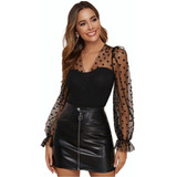 Blusa Negra Elegante  Con Mangas De Lunares  Sexy