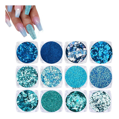 Decoracion De Uñas Glitter Confetti Flake Color Azul 12 Pz