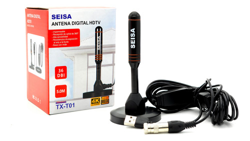Antena Tv Digital Tda Interior Coaxial 5mt Con Usb Amplificador Activa Base Magnética Tx-t01