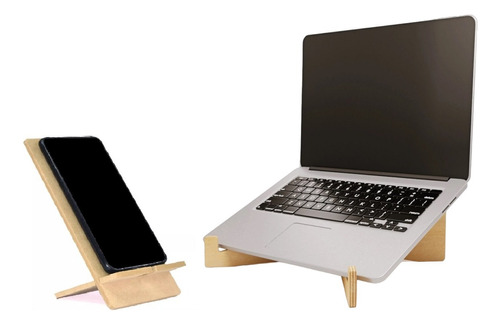 Kit Soporte Notebook + Apoya Celular Madera Laptop Portatil