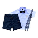 Conjunto Infantil Bebe Camisa Social Bermuda Kit Suspensório