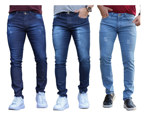 Kit 3 Calças Jeans Skinny Masculina Lycra Barra Justa Top