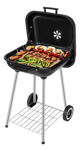 Novangua K-132 Asador De Carbón Móvil De Diámetro 46cm Prrilla Para Cocinar Hogar Ahumador Con Llantas Rejillas De Ventilación Dobles Control De Temperatura Negro