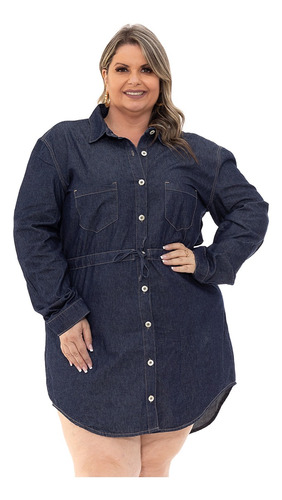 Vestido Chamise Jeans Plus Size Camisão Jeans Cinto Cintura.