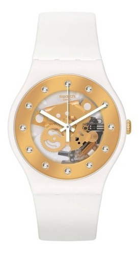 Reloj Swatch Sunray Glam So29w105-s14 Suizo Cristales Mujer Hombre Blanco Y Dorado