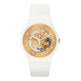 Reloj Swatch Sunray Glam So29w105-s14 Suizo Cristales Mujer Hombre Blanco Y Dorado